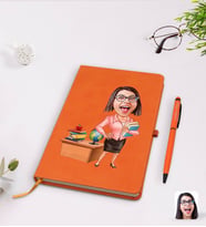 BK Gift Kişiye Özel Kadın Öğretmen Karikatürlü Turuncu Termo Deri Defter Kalem Seti Model 5