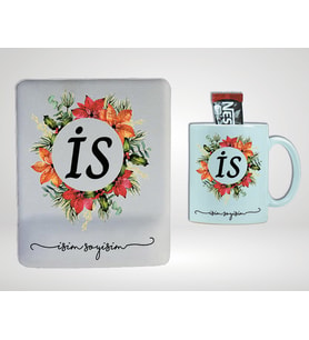 Kişiye Özel Bilek Destekli Mouse Pad & Kupa Bardak Çerçeve İçi Baş Harfler Desenli