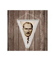 Sivil Mustafa Kemal Atatürk Beyaz Saçaklı Üçgen Flama Bayrak Hatıra Flama ATA34