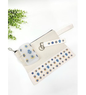 Nazar Boncuğu Desenli Clutch Bez Makyaj Çantası Buzlu Cam Çay Fincanı Anahtarlık Hediye Seti