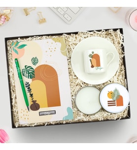 Kişiye Özel Tasarım Defter & Yeşil Touch Pen & Fincan & Tasarım Beyaz Metal Kutulu Mum