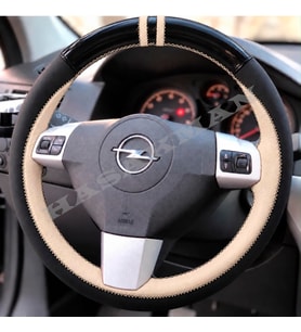 Opel Astra H Dikme Direksiyon Kılıfı Parlak Siyah Bej Detaylı Bej Çift Yüzük ve Dikiş 2004-2014