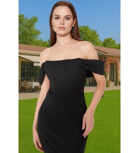 Moda Fit Mezuniyet Balo Finike Dokuma Carmen Yaka Kısa Kol Bodycone Midi Boy Elbise