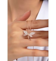 Kadın Orjinal 925 Ayar Gümüş Zirkon Taşlı Yusufçuk Kelebek Model Kolye (Rose)