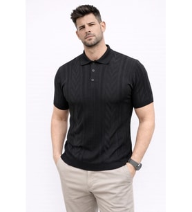 Erkek Yazlık Triko Tişört Kısa Kol Polo Yaka Düğmeli T-Shirt - Siyah
