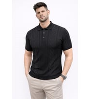 Erkek Yazlık Triko Tişört Kısa Kol Polo Yaka Düğmeli T-Shirt - Siyah