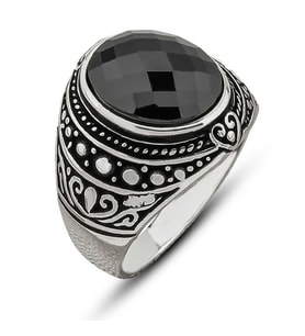 Gümüş Siyah Zirkon Taşlı Oval Erkek Yüzük
