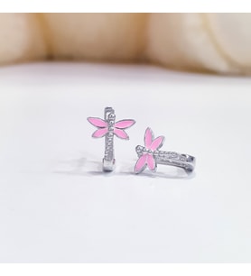 925 ayar gümüş mineli pembe kanatlı yusufçuk model gümüş çocuk küpesi (Pembe Gümüş)