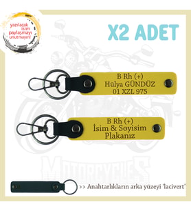 Motorcu Tarzı, İsim Plaka ve B Rh (+) Kan Grubu Yazılı Özel Anlamlı Hediye x2 Anahtarlık, Sarı-Laci