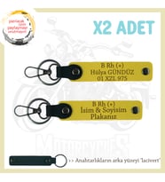 Motorcu Tarzı, İsim Plaka ve B Rh (+) Kan Grubu Yazılı Özel Anlamlı Hediye x2 Anahtarlık, Sarı-Laci