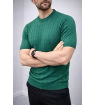 Erkek Yazlık Triko Dokuma Tişört Kısa Kol Bisiklet Yaka Örgü Desenli T-Shirt - Haki