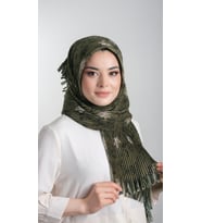 Haki Pratik Hazır Geçmeli Tesettür Eşarp Kesik Elyaf Piliseli Çiçek Desenli 1818D6_09