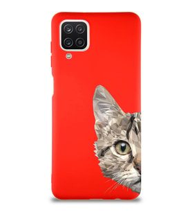 Samsung Galaxy A12 Soft Premier Kapak Catface Tasarımlı Silikon Kılıf - Kırmızı (Şeffaf)