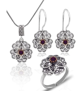 Yakut Taşlı Gül Model Oksitli 925 Ayar Gümüş Telkari Kadın Üçlü Set 201025647