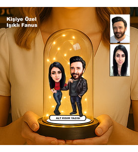 Kişiye Özel Çift Karikatür Fanus  Sevgili ve Evlilere Özel Işıklı Biblo