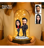 Kişiye Özel Çift Karikatür Fanus  Sevgili ve Evlilere Özel Işıklı Biblo