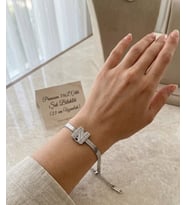 Premium Gümüş Renk Parlak Taşlı Modern 316L Çelik N Harf Bileklik (23 cm Uzunluk)