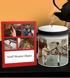 Kişiye Özel Baş Harf İsim Soyisim Sihirli Kupa 4 Fotoğraflı Ve Kendi Mesajını Oluştur Kolaj Kırmızı Çerçeve Seti