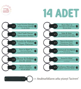 Hediyelik Ürün İsteyenlere Uygun, 14'lü Set, Öğrenci İsimli Deri Anahtarlık, Turkuaz & Lacivert