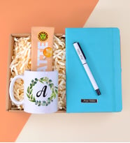 Kişiye Özel Turkuaz Defter& Beyaz Roller Kalem& Baskılı Kupa Bardak& Kahve Dünyası Kahve Hediye Seti