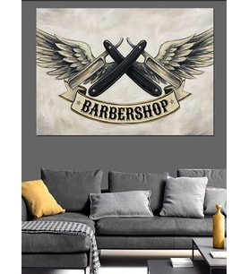 Kanatlı Barbershop Logosu Ve Makaslar Dekoratif Kanvas - Mdf Ahşap Tablo