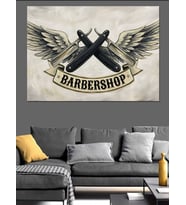 Kanatlı Barbershop Logosu Ve Makaslar Dekoratif Kanvas - Mdf Ahşap Tablo