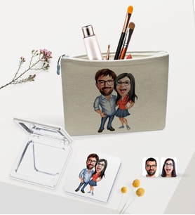 BK Gift Kişiye Özel Sevgililer Karikatürlü Keten Makyaj Çantası ve Ayna Seti, Sevgiliye Hediye, Sevgililer Günü Hediyesi, Doğum Günü Hediyesi-2
