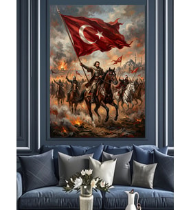 Bayraklı Atlı Türk Süvarisi Dekoratif Kanvas - Mdf Ahşap Tablo