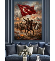 Bayraklı Atlı Türk Süvarisi Dekoratif Kanvas - Mdf Ahşap Tablo
