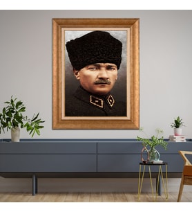 Altın Varaklı Çerçeveli Paspartulu Atatürk Tablo DC1070 (Gold)