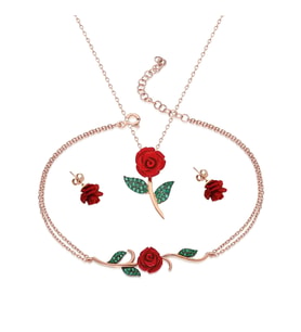 925 Ayar Gümüş Zirkon Taşlı Gül Tasarım Kolye Küpe Bileklik Seti (Rose)