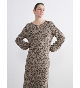 LCW Grace Bej Bisiklet Yaka Leopar Desenli Elbise