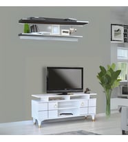 Mega Tv Sehpası Beyaz 2 Kapaklı Raflı Gold Detaylı Sehpa 130x36x59 Cm