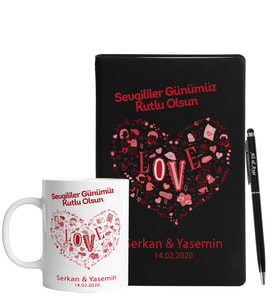 Sevgililer Gününe Özel Siyah Defter Kalem & Kupa Hediye Seti 12