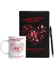 Sevgililer Gününe Özel Siyah Defter Kalem & Kupa Hediye Seti 12