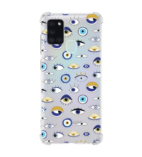 PrintiFy Samsung Galaxy A21S Uyumlu Nazar Boncuğu 2 Baskılı Şeffaf Köşe Korumalı Antişok Kılıf