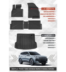 Chery Tiggo 7 Makyajlı 2025 ve Sonrası Uyumlu 4.5D Premium Havuzlu Oto Paspas ve Liner Bagaj Havuzu