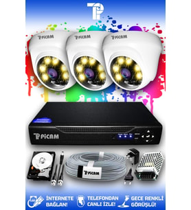 PICAM 3 Kameralı Dome 3 İç Kamera Set 100 GB HDD Full HD Renkli Gece Görüşlü Güvenlik Kamerası Sistemi