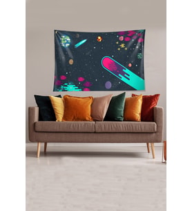 Space Uzay Boşluğu Temalı Leke Tutmaz Kadife Dokulu Kumaş Duvar Örtüsü Duvar Halısı Tapestry (Lacivert)