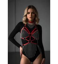 Deri ve Zincir Detaylı Harness Takım, Deri Dansçı Kostüm, Choker Detaylı Deri Harness (Kırmızı)