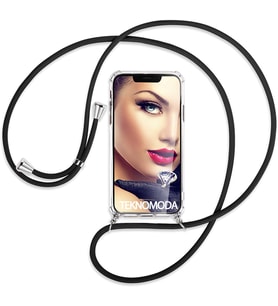 Apple iPHONE  11 PRO MAX Kılıf Boyun  Askılı  Korumalı Siyah İpli Şeffaf Silikon (Siyah)