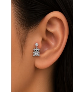 Sertifikalı 316L Çelik Kalp Taşlı Ayıcık Figürlü Sallantılı Premium Gümüş Renk Tragus ve Helix Piercing