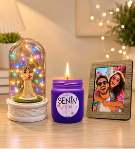 Kişiye Özel Fotoğraflı Renkli LED Işıklı Fanus (şans melekli) ve Kokulu Cam Mum Seti