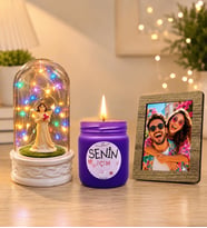Kişiye Özel Fotoğraflı Renkli LED Işıklı Fanus (şans melekli) ve Kokulu Cam Mum Seti