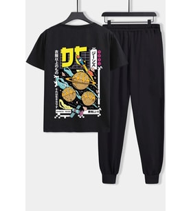 Unisex Tokoyaki Baskılı 2'li Eşofman Takımı (Siyah)