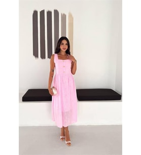 Neşeli butik kadın pembe fisto işlemeli düğme detaylı midi boy kare yaka elbise NBK4644
