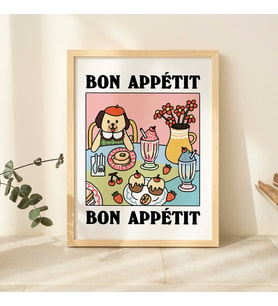 Renkli Kafe Köpek Baskısı, Retro Yemek Posteri, Pembe Bistro Pasta Posterleri, Afiyet Olsun Fransız Baskıları
