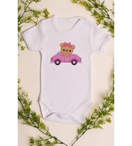 Kız Bebek Arabalı Baby Ayıcık Baskılı Beyaz Çıtçıtlı