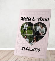3 Fotoğraflı Kalp Modelli İsimli Tarihli Kişiye Özel Puzzle