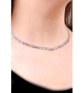 Choker Mix Sıra Taşlı Tasarım Gümüş Kolye 6474